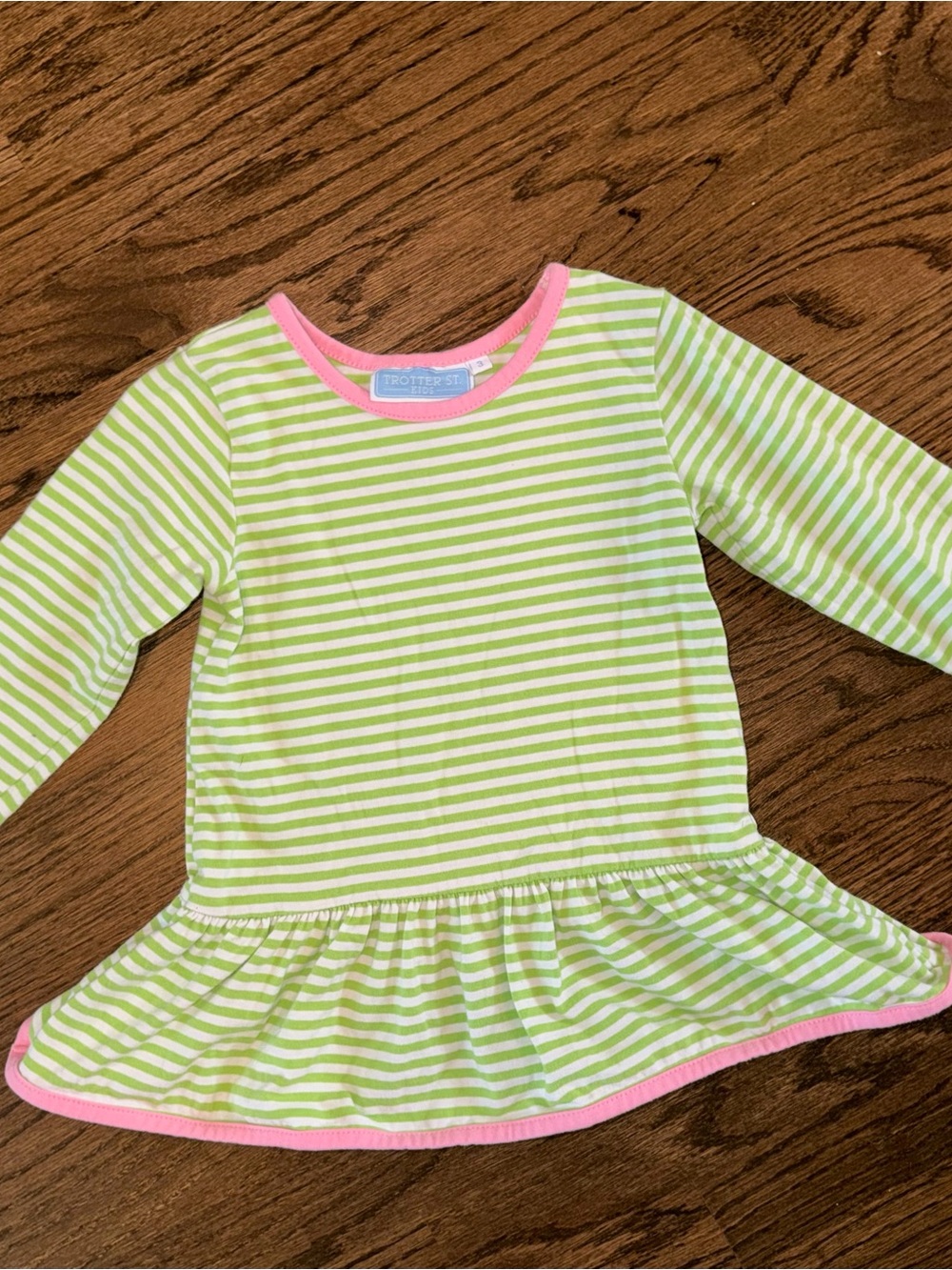 Trotter Street Kids - 3T Girls Green Stripe Peplum Top with Pink Trim